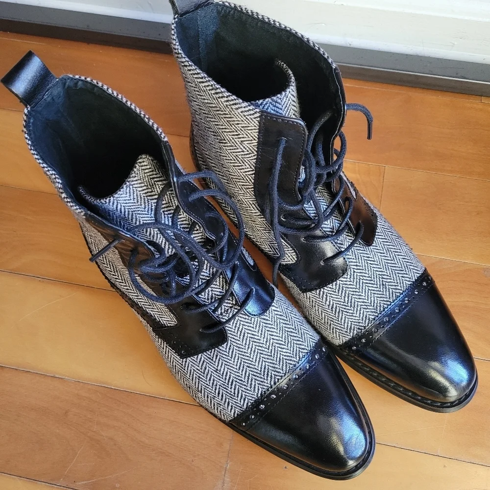 Giovanni Mens Gray Black Herringbone Lace Up Tweed Ankle Oxford Boots Size 8.5